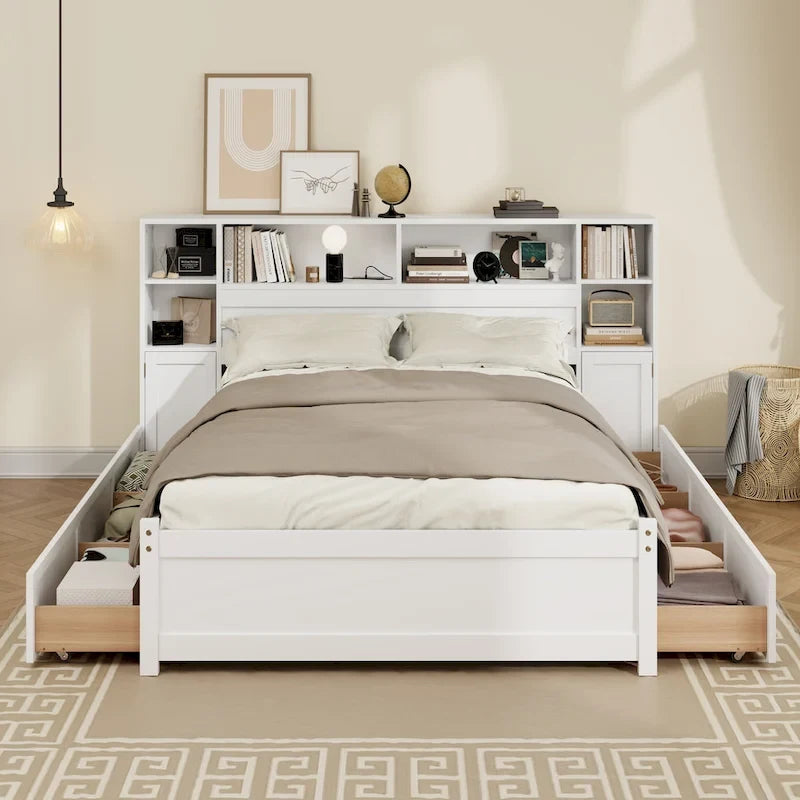 Lit de rangement en bois avec étagère et tête de lit à oreilles