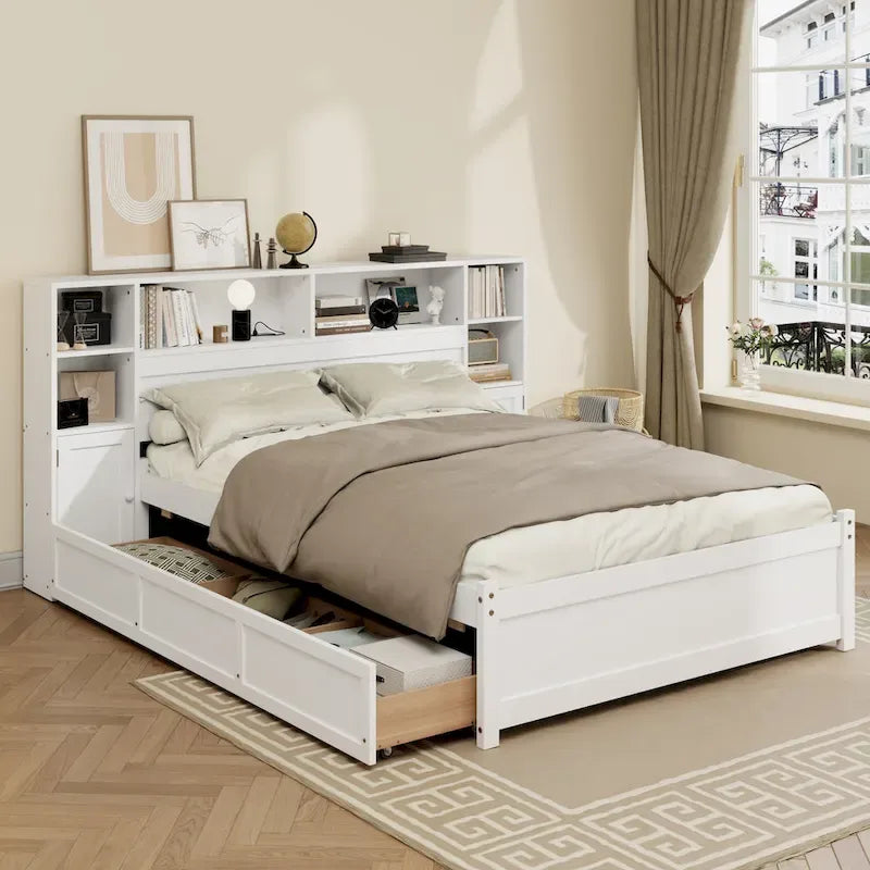 Lit de rangement en bois avec étagère et tête de lit à oreilles