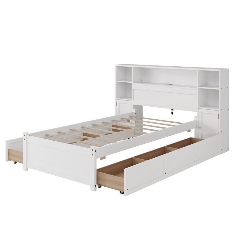 Lit de rangement en bois avec étagère et tête de lit à oreilles