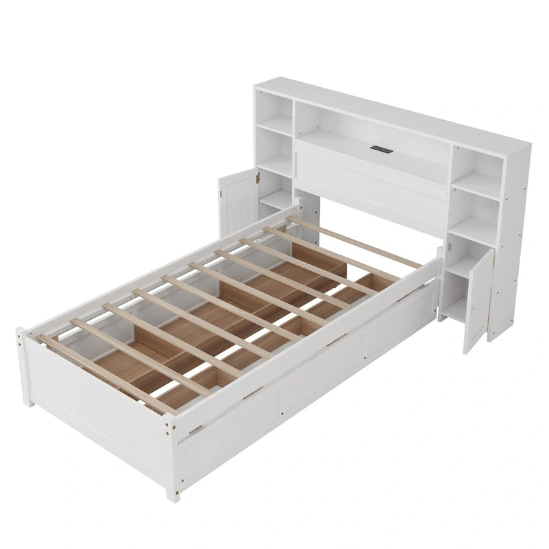 Lit de rangement en bois avec étagère et tête de lit à oreilles