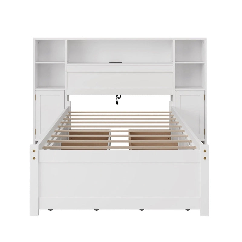 Lit de rangement en bois avec étagère et tête de lit à oreilles