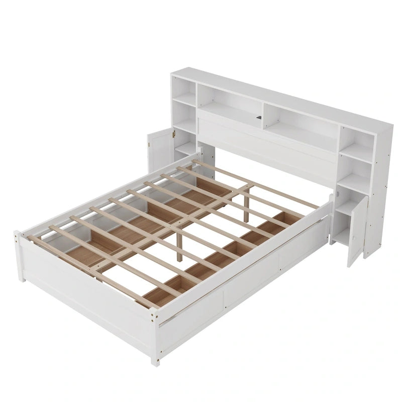 Lit de rangement en bois avec étagère et tête de lit à oreilles