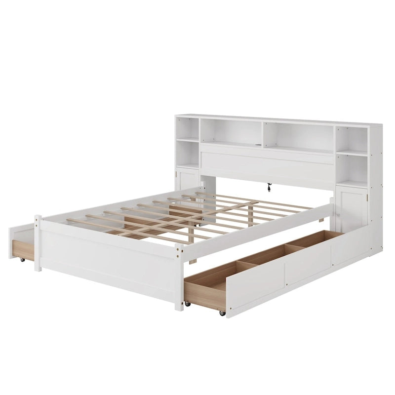 Lit de rangement en bois avec étagère et tête de lit à oreilles