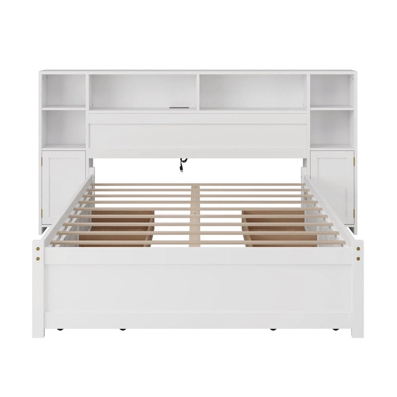 Lit de rangement en bois avec étagère et tête de lit à oreilles