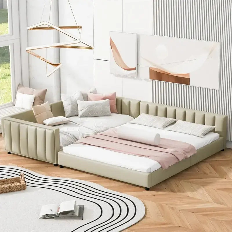 Lit plateforme rembourré double Queen Size et Twin XL, lit mère et enfant en cuir PU, lit de sol pour chambre à coucher