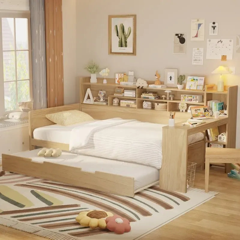 Lit de jour multifonctionnel double/grand format avec étagères de rangement et bureau, cadre de lit plateforme en bois avec lit gigogne double