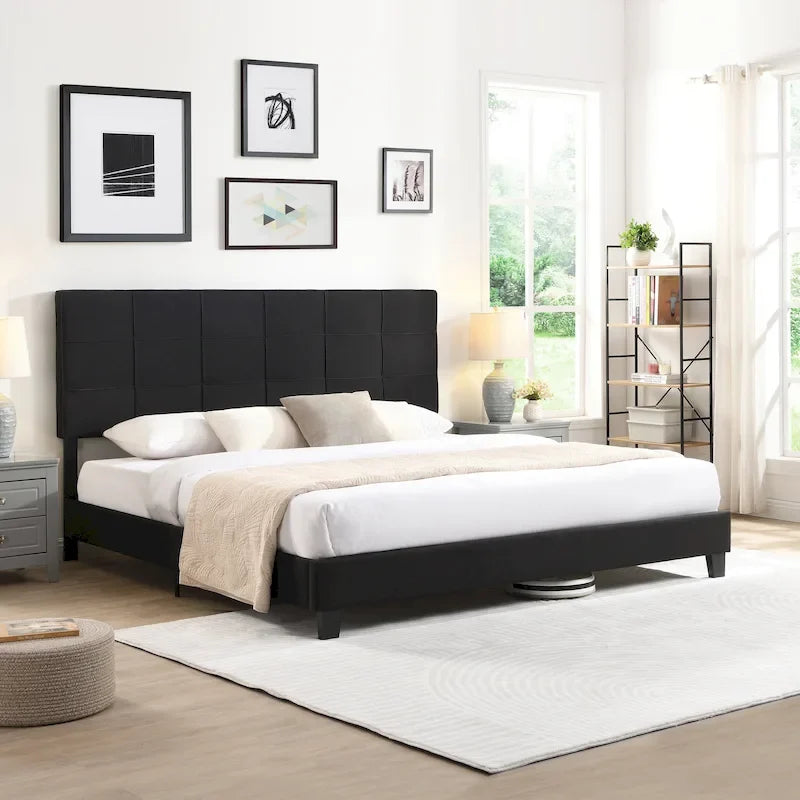 Cadre de lit plateforme King-size rembourré en lin noir