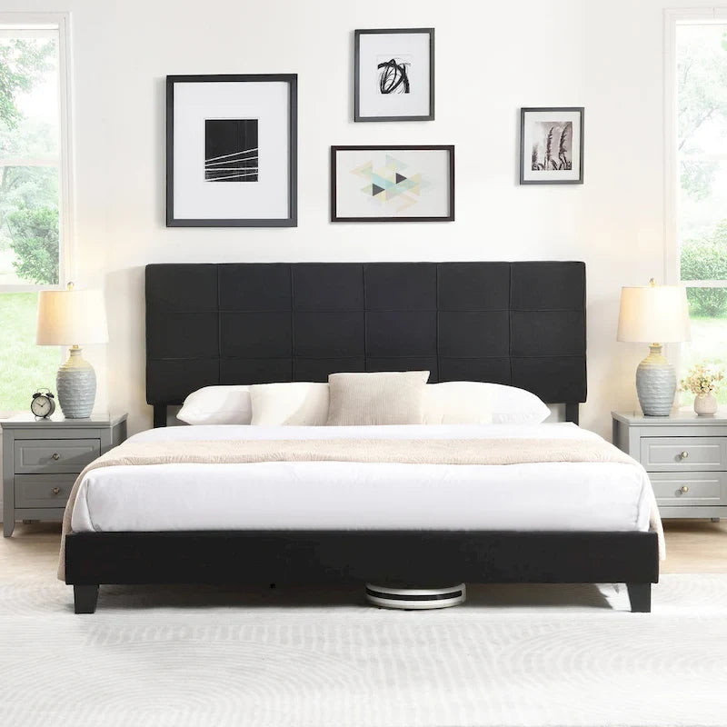 Cadre de lit plateforme King-size rembourré en lin noir