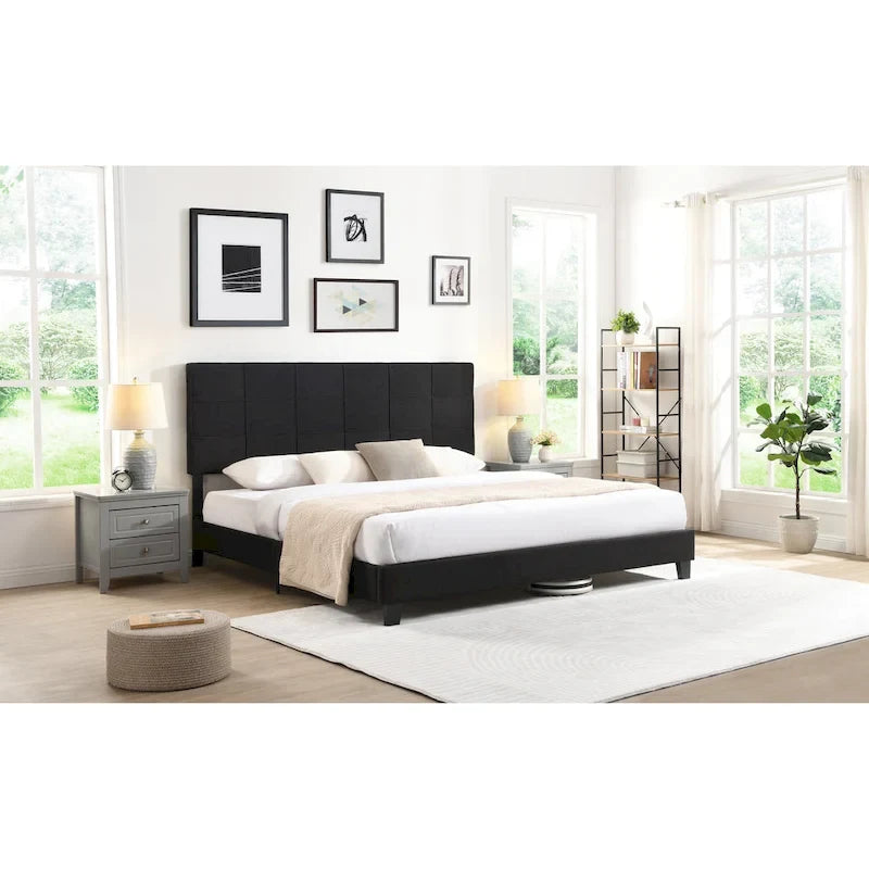 Cadre de lit plateforme King-size rembourré en lin noir