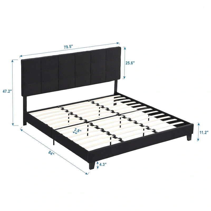 Cadre de lit plateforme King-size rembourré en lin noir