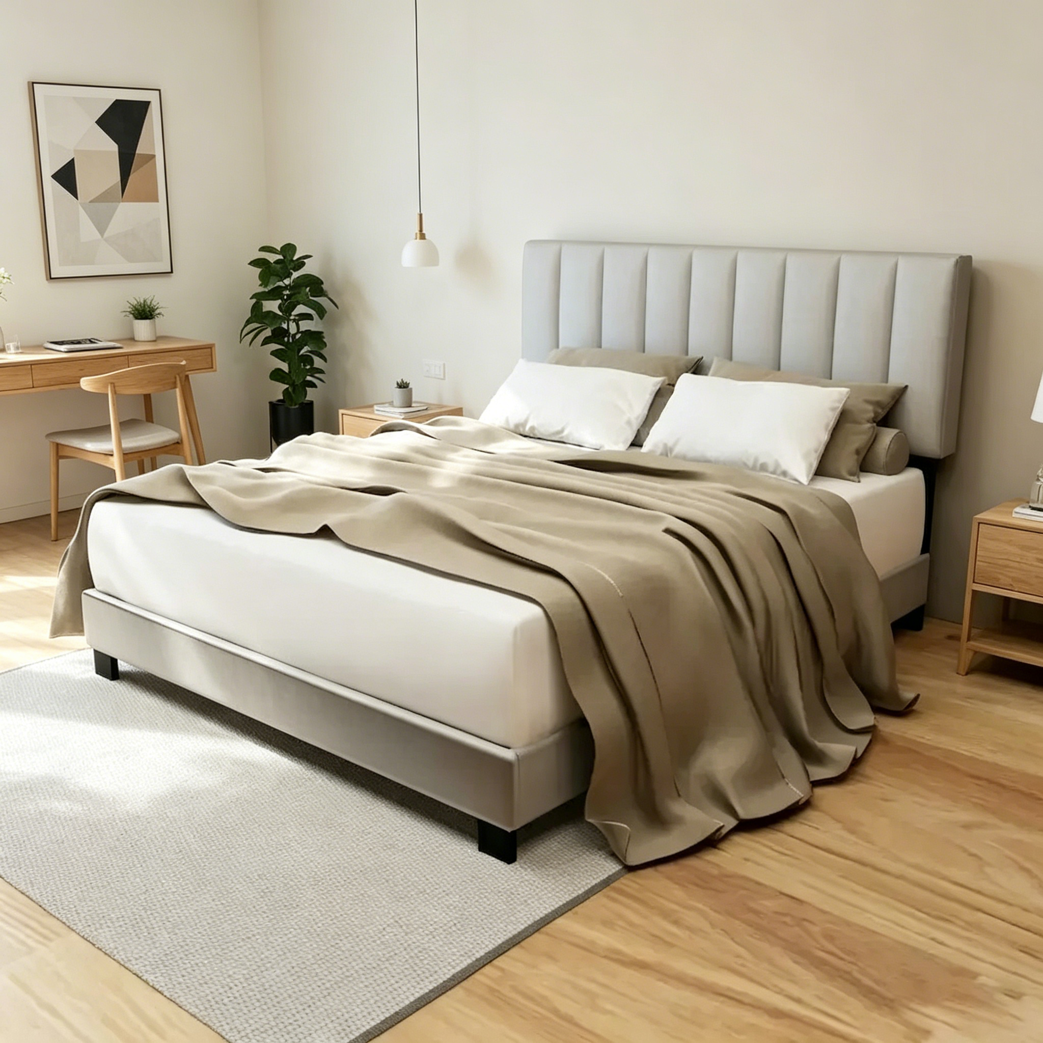 Cadre de lit Queen Size réglable en tissu gris pierre, design vintage et épuré, style populaire