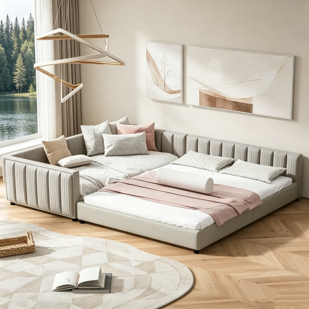 Lit plateforme rembourré double Queen Size et Twin XL, lit mère et enfant en cuir PU, lit de sol pour chambre à coucher