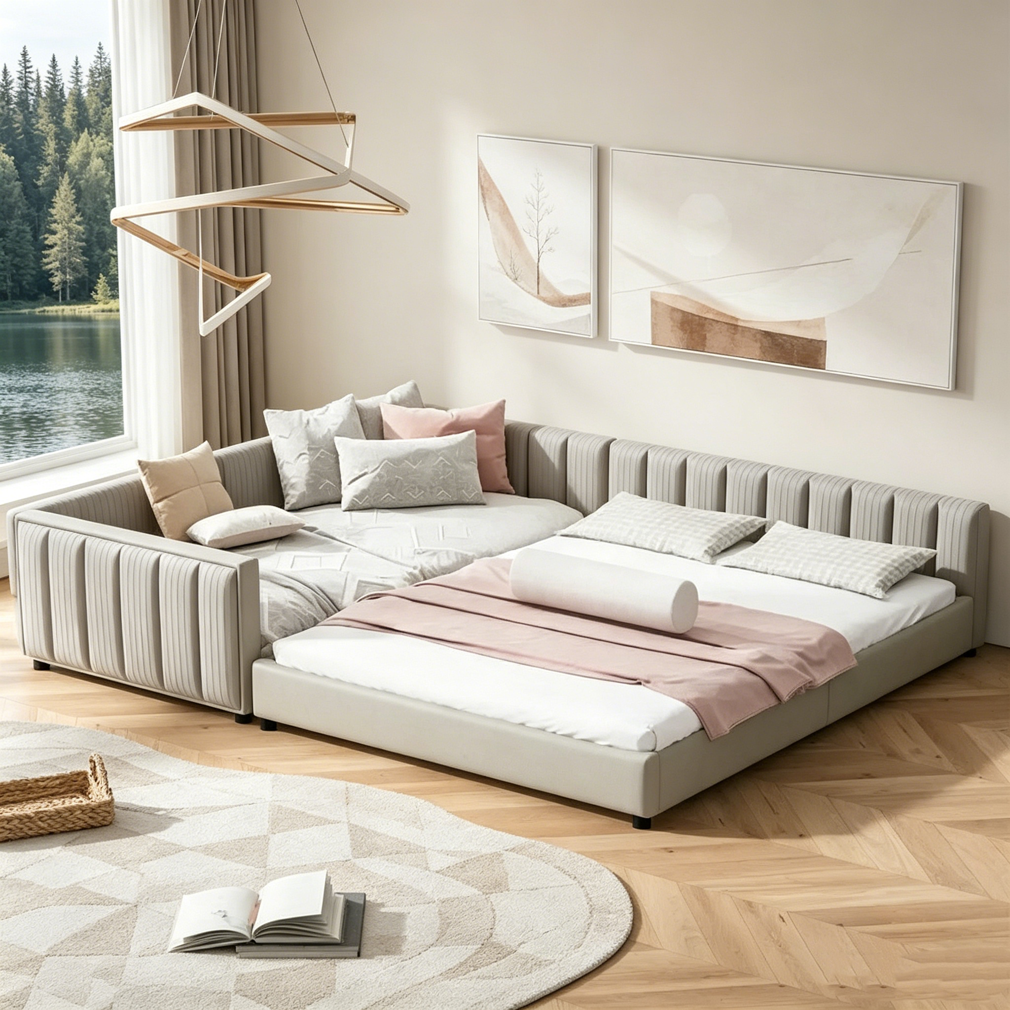Lit plateforme rembourré double Queen Size et Twin XL, lit mère et enfant en cuir PU, lit de sol pour chambre à coucher