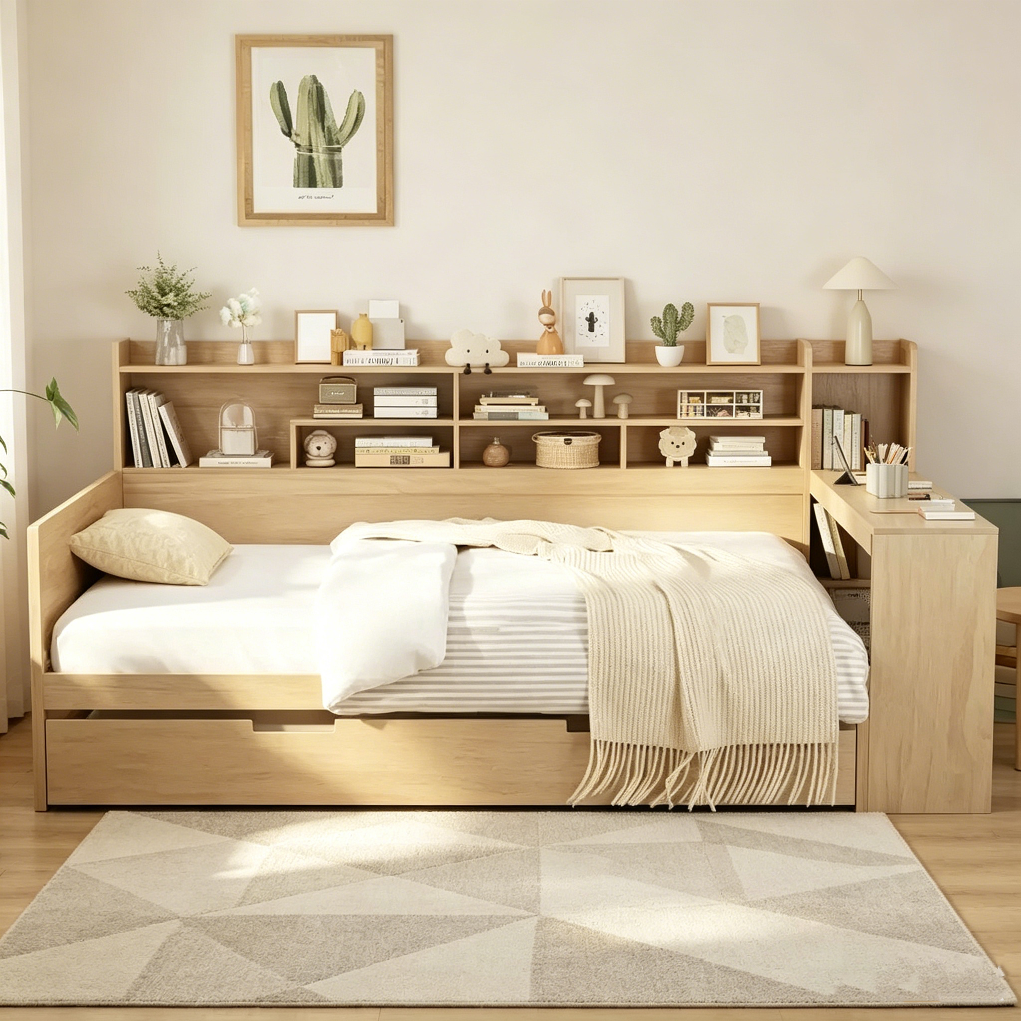Lit de jour multifonctionnel double/grand format avec étagères de rangement et bureau, cadre de lit plateforme en bois avec lit gigogne double