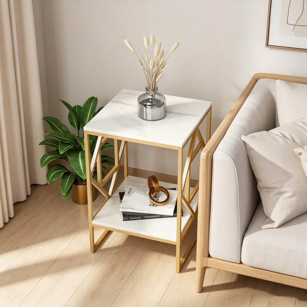 Table basse d'appoint en pierre frittée à 2 niveaux avec étagère de rangement