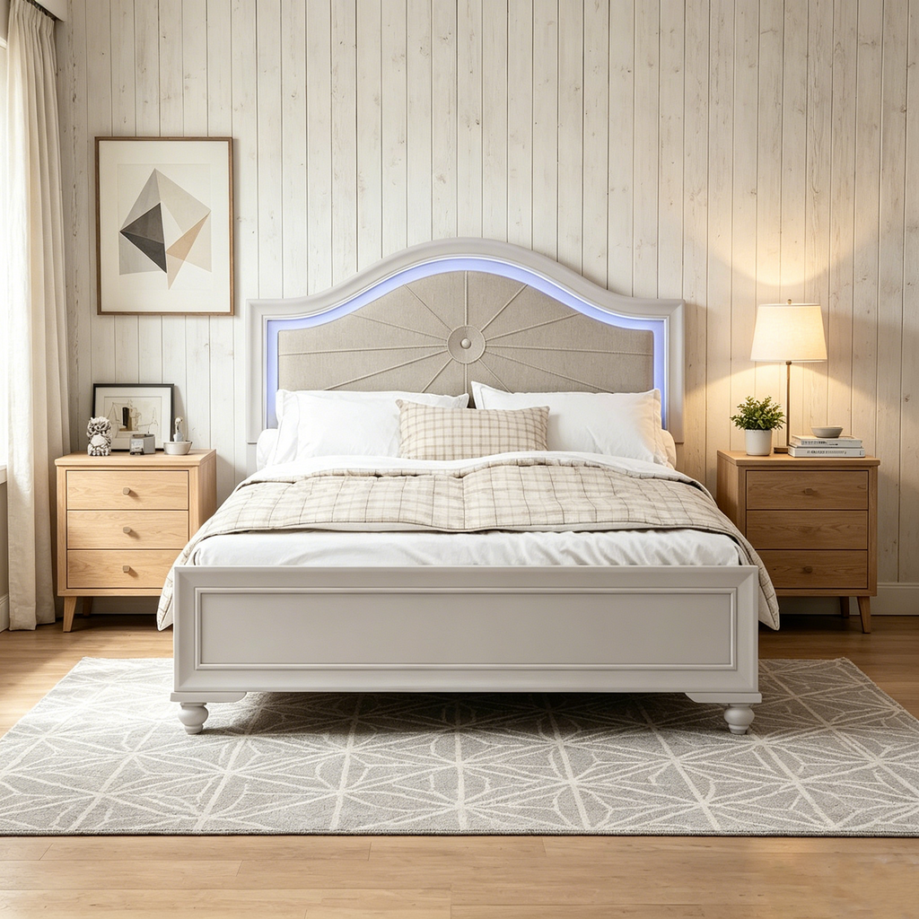 Lit double moderne en bois avec éclairage LED caché, tête de lit incurvée rembourrée, aucun sommier tapissier requis, gris crème