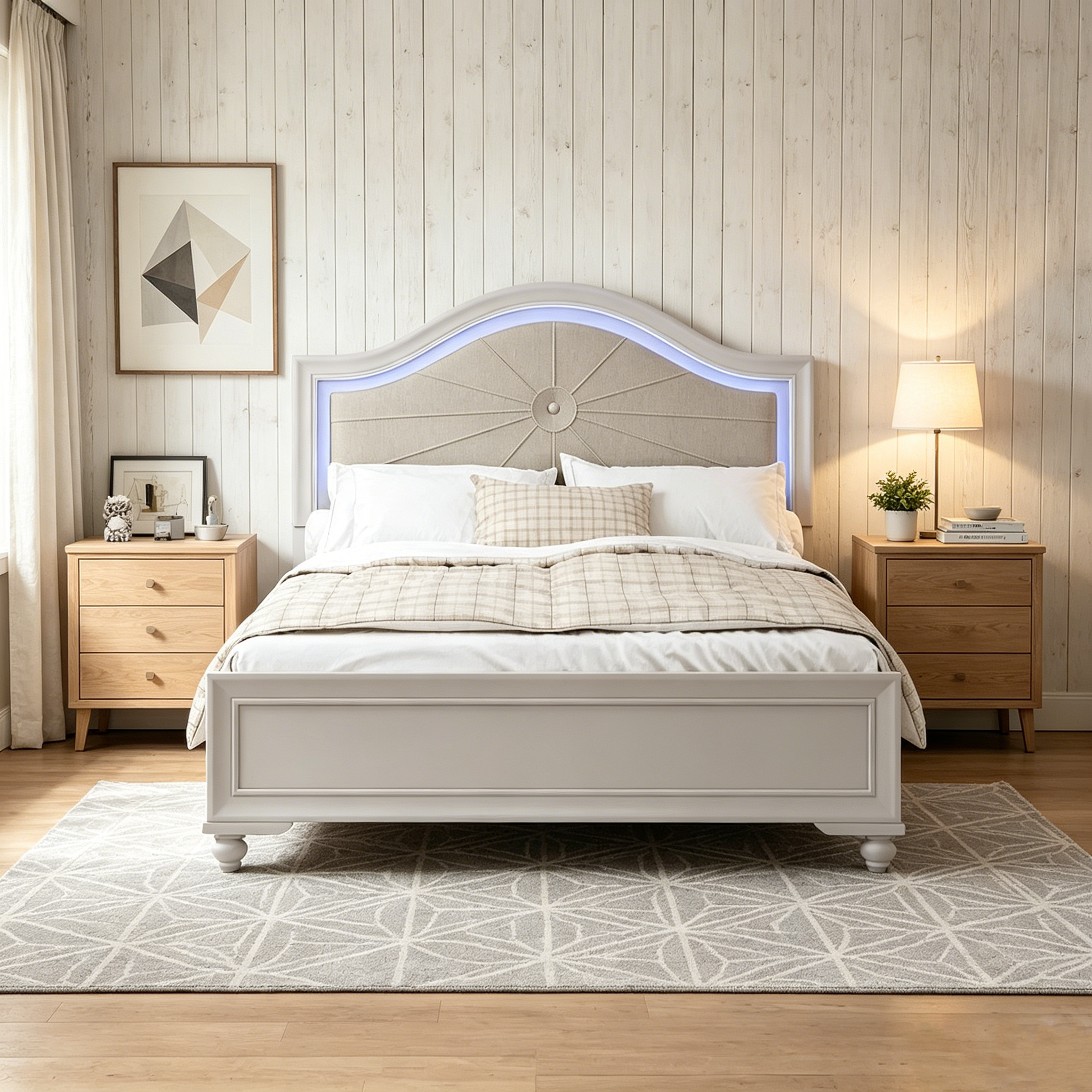 Lit double moderne en bois avec éclairage LED caché, tête de lit incurvée rembourrée, aucun sommier tapissier requis, gris crème