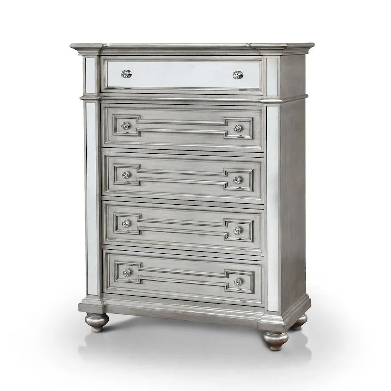 Commode 5 tiroirs en bois massif couleur champagne