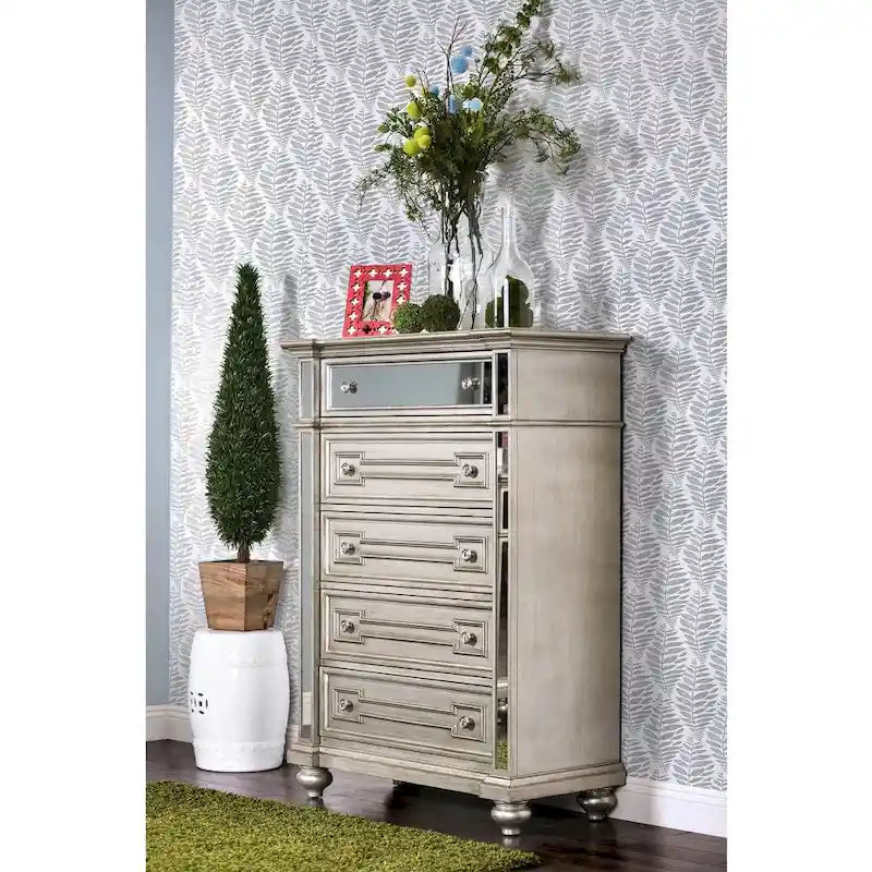 Commode 5 tiroirs en bois massif couleur champagne