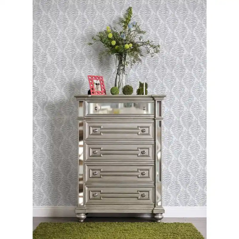 Commode 5 tiroirs en bois massif couleur champagne