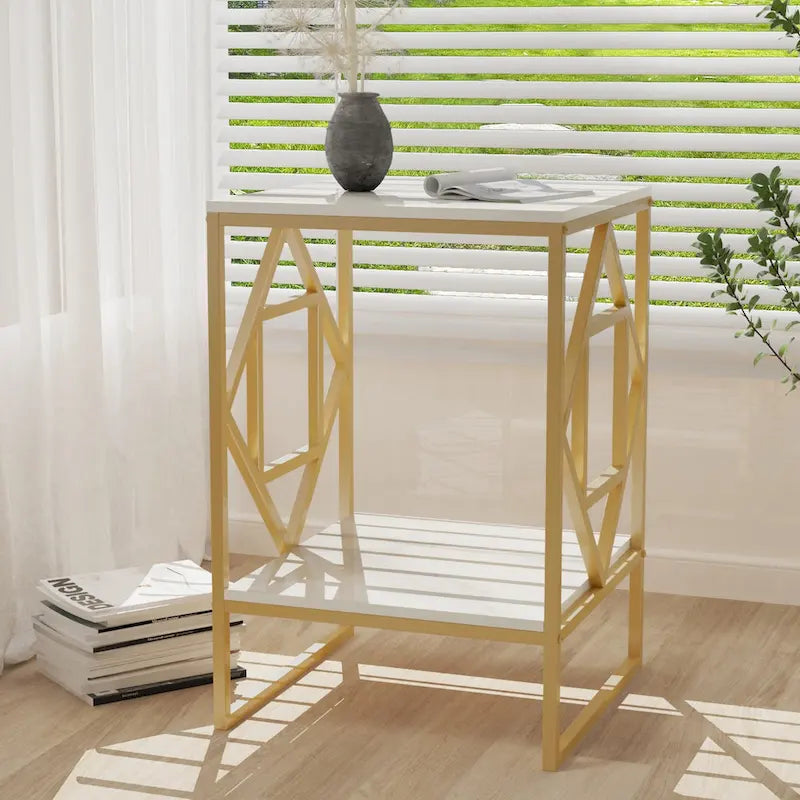 Table basse d'appoint en pierre frittée à 2 niveaux avec étagère de rangement