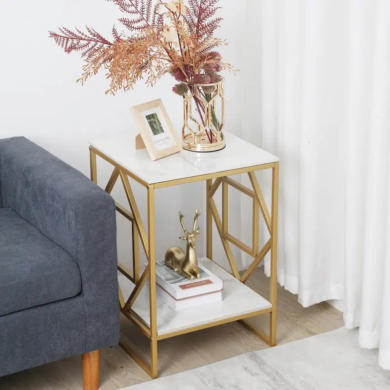 Table basse d'appoint en pierre frittée à 2 niveaux avec étagère de rangement