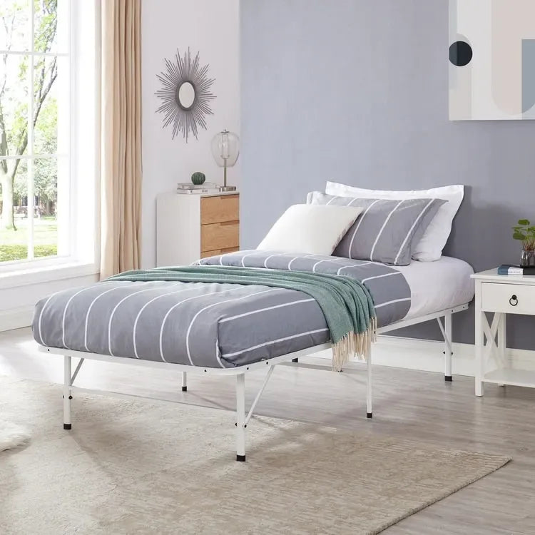 14 Foldable Metal Platform Bed Frame Mattress Foundation with Box Spring Replacement