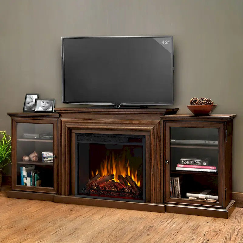 Meuble TV Cheminée Électrique en Bois de Châtaignier