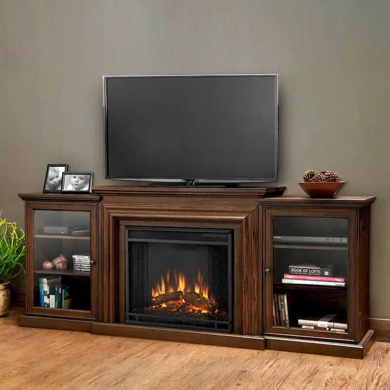 Meuble TV Cheminée Électrique en Bois de Châtaignier
