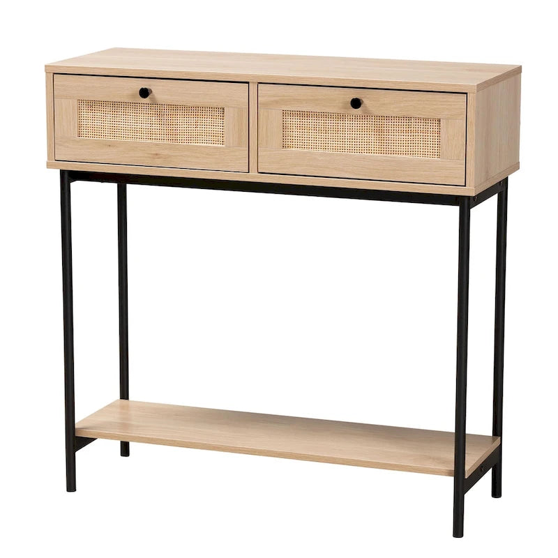 Console de style médiéval-moderne marron clair et noir à double tiroir