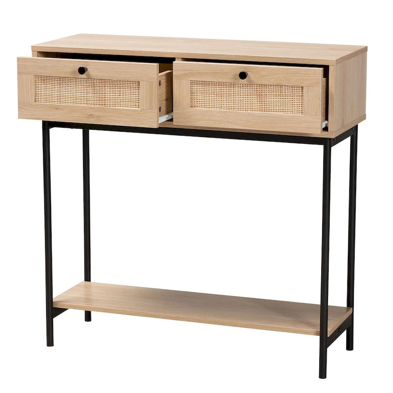 Console de style médiéval-moderne marron clair et noir à double tiroir