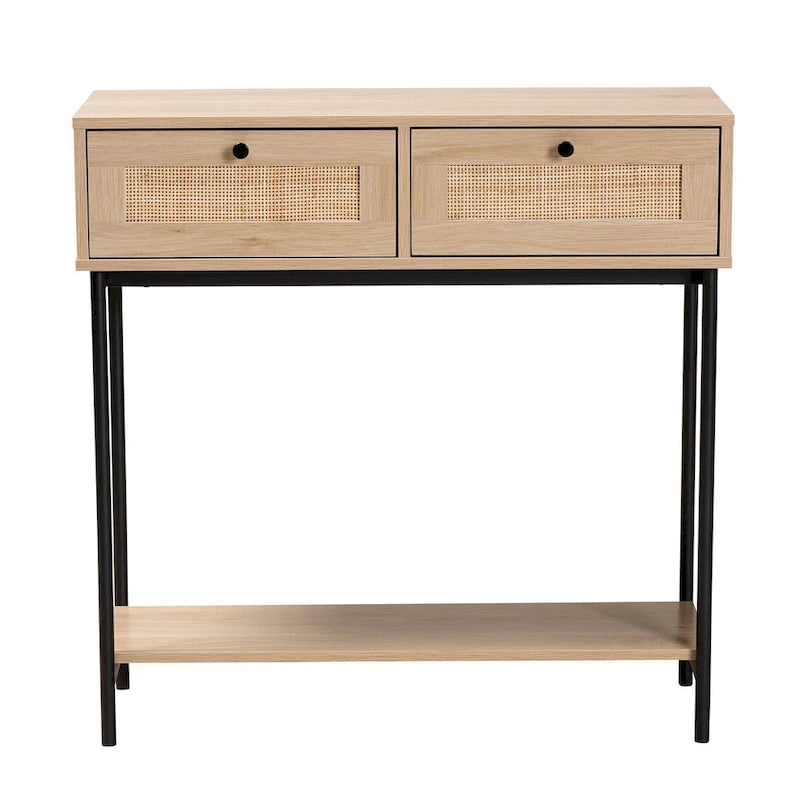 Console de style médiéval-moderne marron clair et noir à double tiroir
