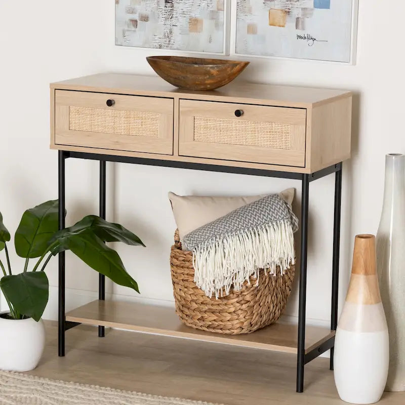 Console de style médiéval-moderne marron clair et noir à double tiroir