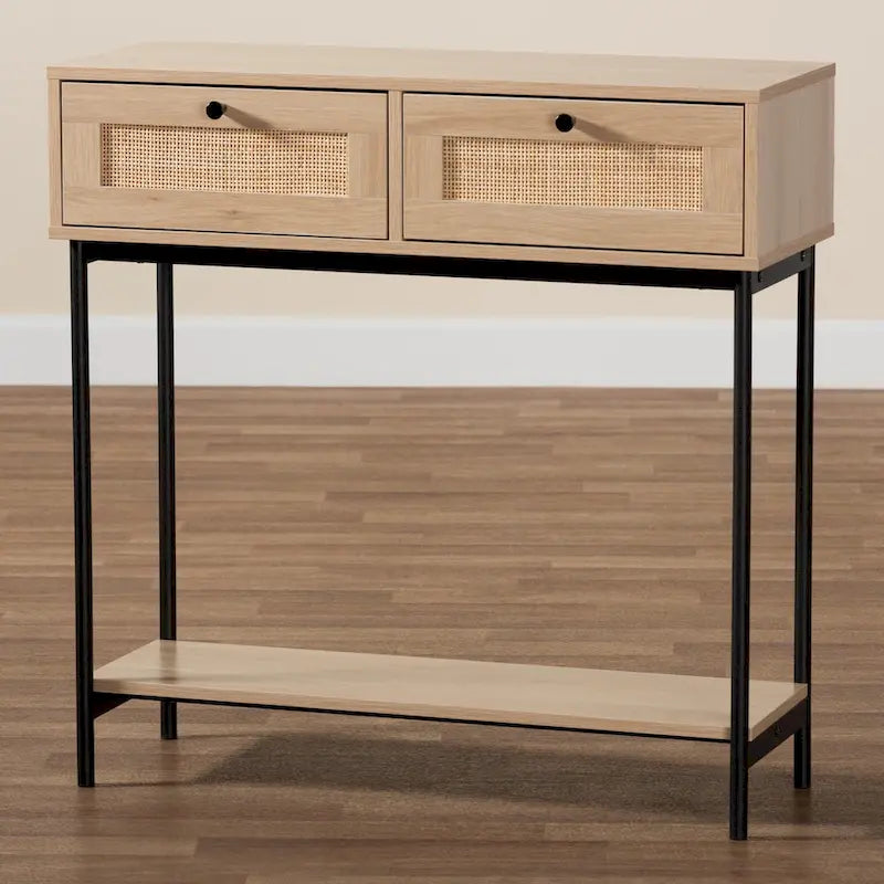 Console de style médiéval-moderne marron clair et noir à double tiroir