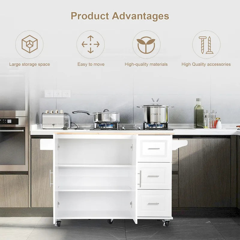 Îlot de cuisine mobile et chariot de cuisine, avec plateau extensible en bois d'hévéa et 3 tiroirs - 53,93(L) x 17(l) x 36,22(H)