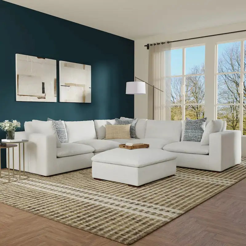 Canapé d'angle en chenille texturé velours avec pouf