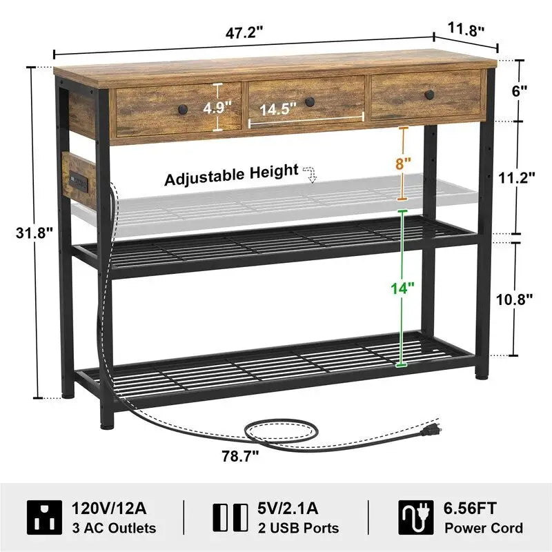 Table d'entrée de 47 pouces avec prises et ports USB